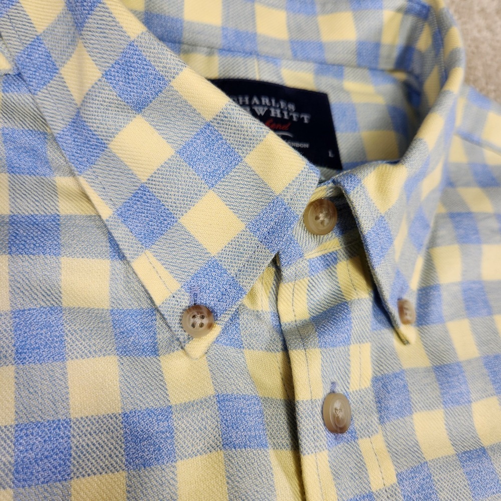 Charles Tyrwhitt‎ Shirt Men Large Classic Fit Gingham Check Plaid Non Iron Blue